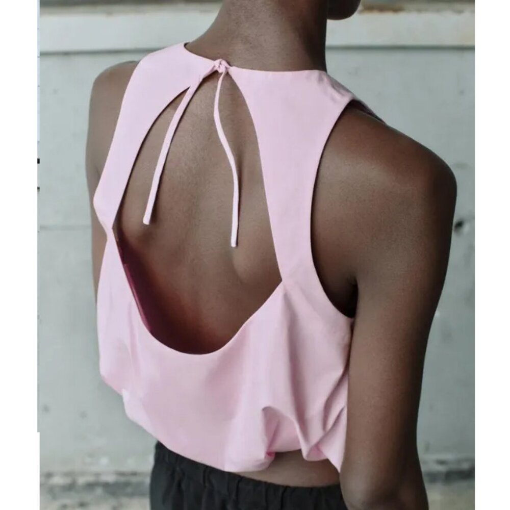 ZARA Poplin Bubble Top Size M Pink 100% Cotton NWT